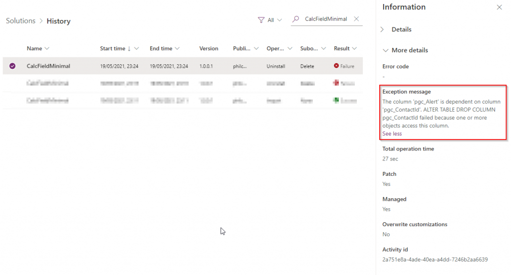 Solution History Error Message