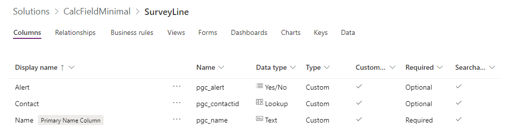 Columns in the Survey Line table